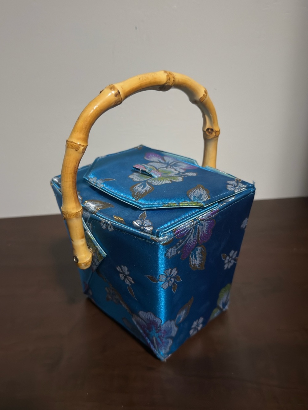 Tozai Home Vintage Blue Floral Satin Takeout 🥡 Evening Bag with Bamboo Handle